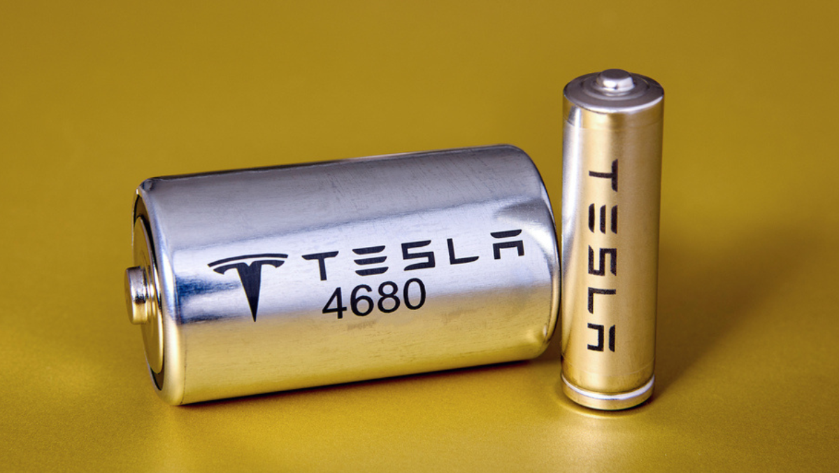 Tesla 4680 battery cells displayed against a yellow background